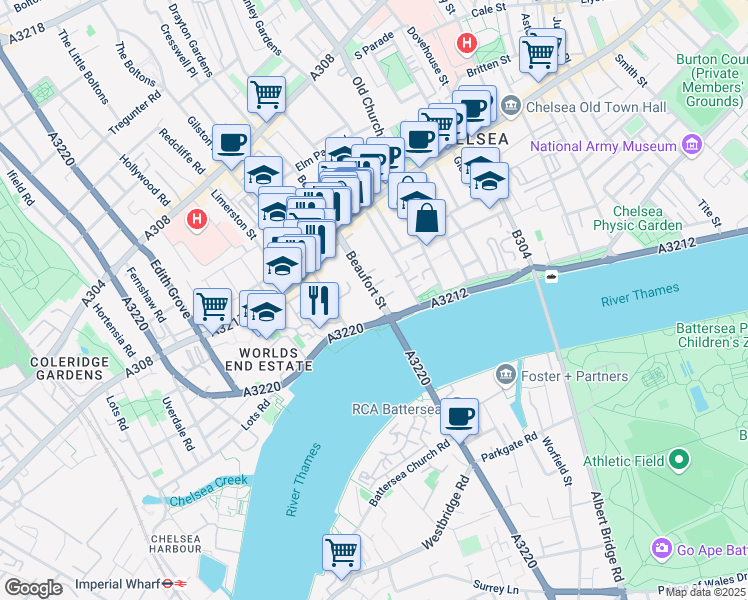 map of restaurants, bars, coffee shops, grocery stores, and more near 1 Beaufort Street in Greater London