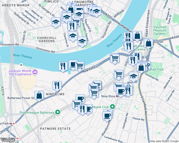 map of restaurants, bars, coffee shops, grocery stores, and more near 37 Nine Elms Lane in Greater London