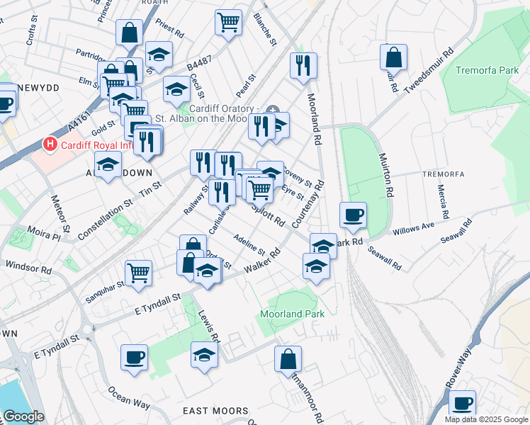 map of restaurants, bars, coffee shops, grocery stores, and more near Splott Road in Cardiff