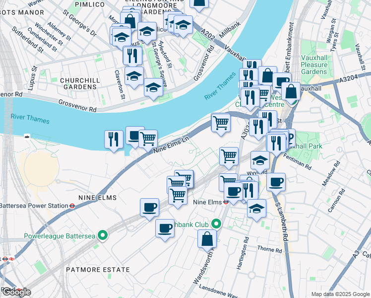 map of restaurants, bars, coffee shops, grocery stores, and more near 33 Nine Elms Lane in Greater London