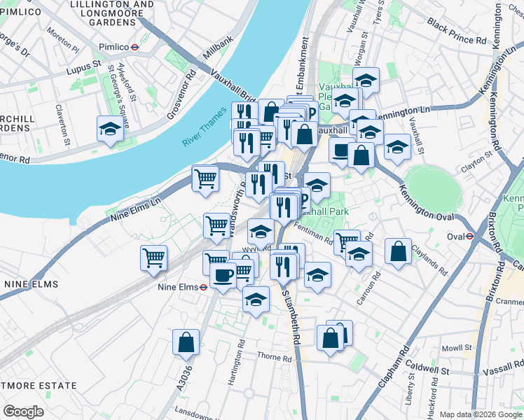 map of restaurants, bars, coffee shops, grocery stores, and more near Miles Street in Greater London