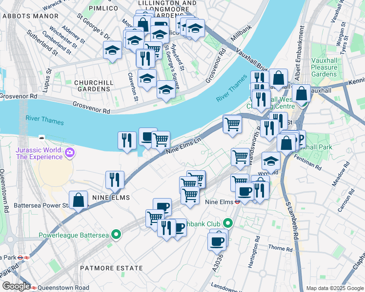 map of restaurants, bars, coffee shops, grocery stores, and more near 35 Nine Elms Lane in Greater London