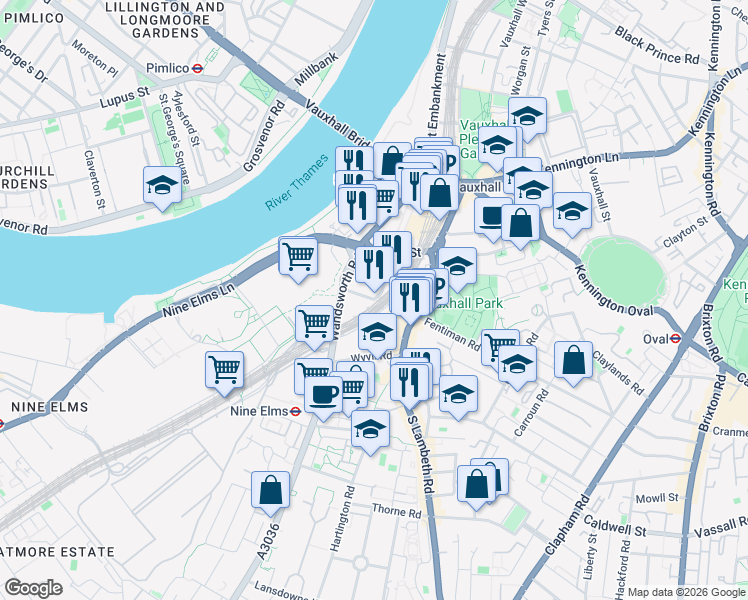 map of restaurants, bars, coffee shops, grocery stores, and more near Miles Street in Greater London