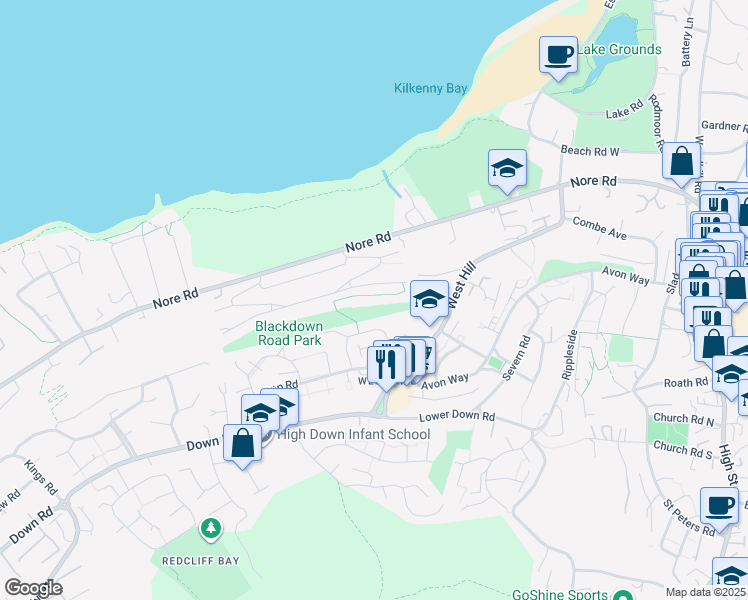 map of restaurants, bars, coffee shops, grocery stores, and more near Admirals Walk in Portishead