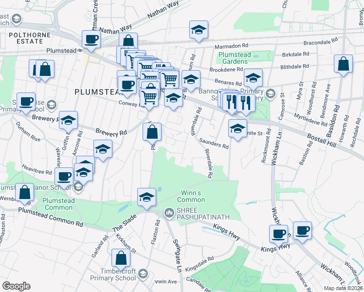 map of restaurants, bars, coffee shops, grocery stores, and more near Tynemouth Road in Greater London