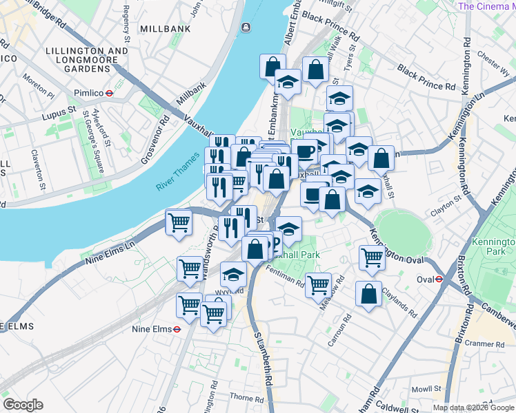 map of restaurants, bars, coffee shops, grocery stores, and more near Bondway in Greater London
