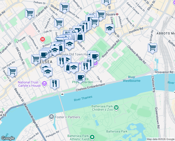 map of restaurants, bars, coffee shops, grocery stores, and more near 43 Royal Hospital Road in Greater London