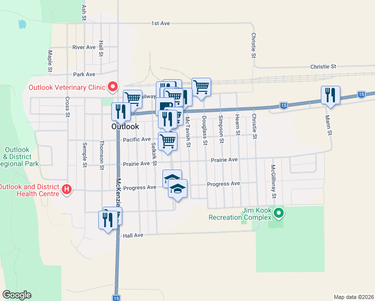 map of restaurants, bars, coffee shops, grocery stores, and more near 321 McTavish Street in Outlook