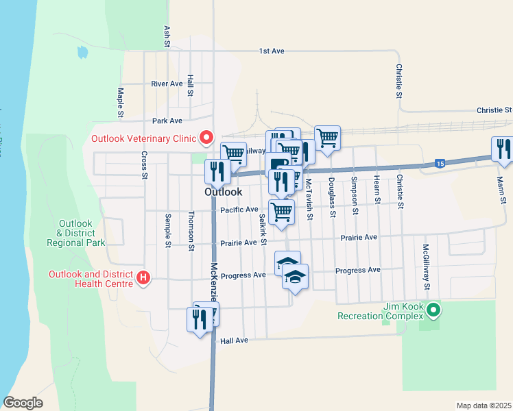 map of restaurants, bars, coffee shops, grocery stores, and more near 222 Selkirk Street in Outlook