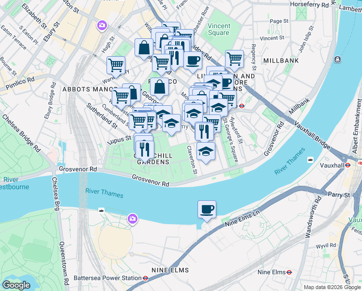 map of restaurants, bars, coffee shops, grocery stores, and more near 9 Johnson's Place in Greater London