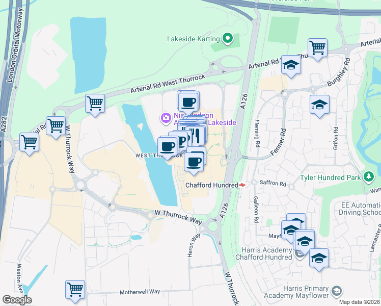 map of restaurants, bars, coffee shops, grocery stores, and more near West Thurrock Way in Thurrock