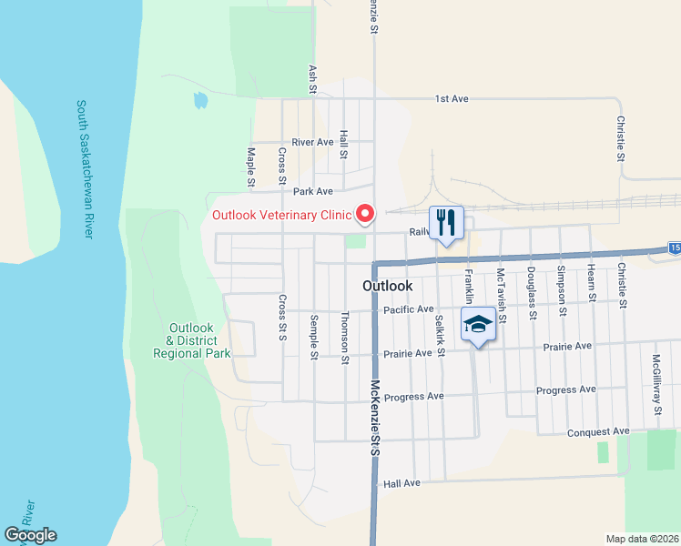 map of restaurants, bars, coffee shops, grocery stores, and more near 215 Thomson Street in Outlook