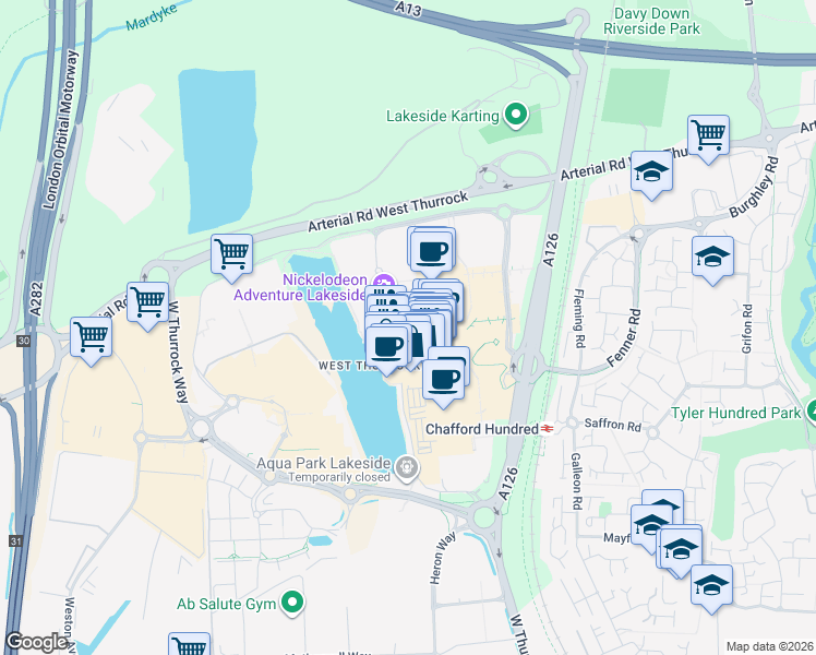 map of restaurants, bars, coffee shops, grocery stores, and more near West Thurrock Way in Thurrock