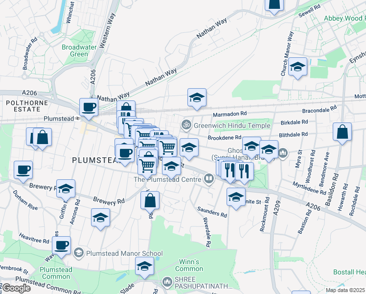 map of restaurants, bars, coffee shops, grocery stores, and more near Bannockburn Road in Greater London
