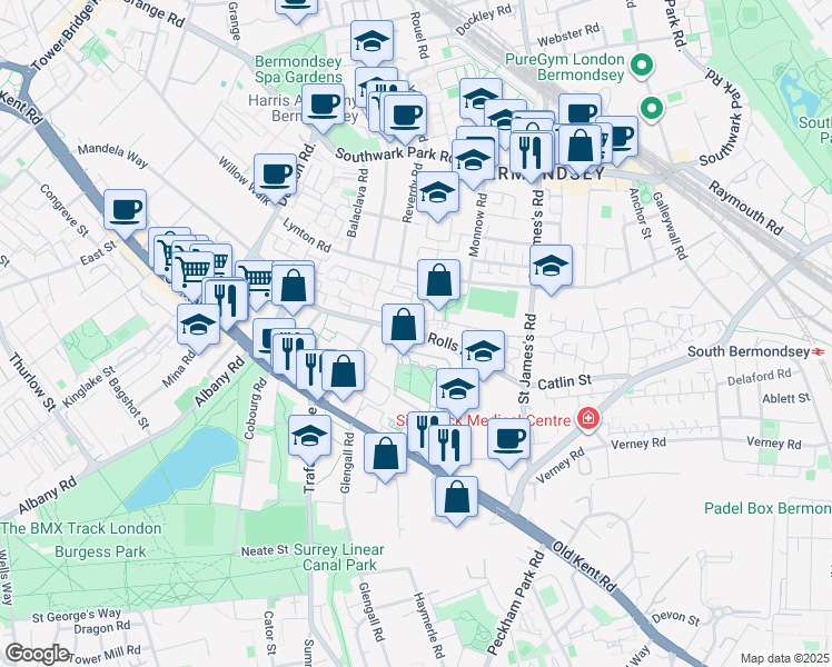 map of restaurants, bars, coffee shops, grocery stores, and more near Rolls Road in Greater London