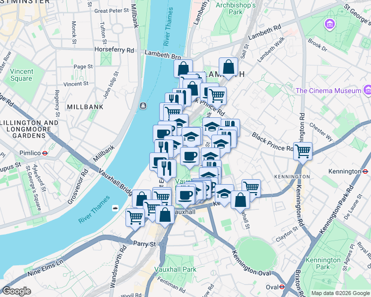 map of restaurants, bars, coffee shops, grocery stores, and more near 10 Tinworth Street in Greater London