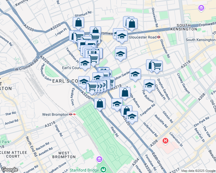 map of restaurants, bars, coffee shops, grocery stores, and more near 235 Earls Court Road W.8 in London