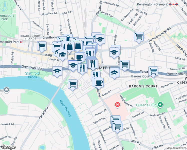 map of restaurants, bars, coffee shops, grocery stores, and more near 51 Fulham Palace Road in Greater London