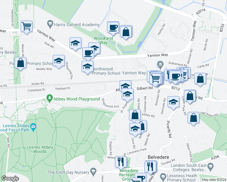 map of restaurants, bars, coffee shops, grocery stores, and more near 60 Abbey Road in Greater London