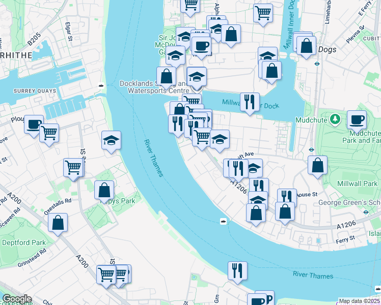 map of restaurants, bars, coffee shops, grocery stores, and more near Homer Drive in Greater London