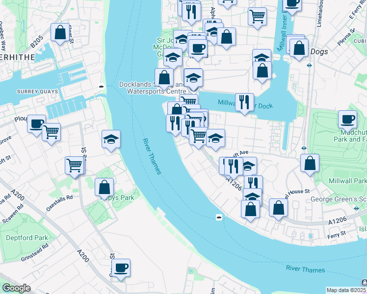 map of restaurants, bars, coffee shops, grocery stores, and more near Homer Drive in Greater London