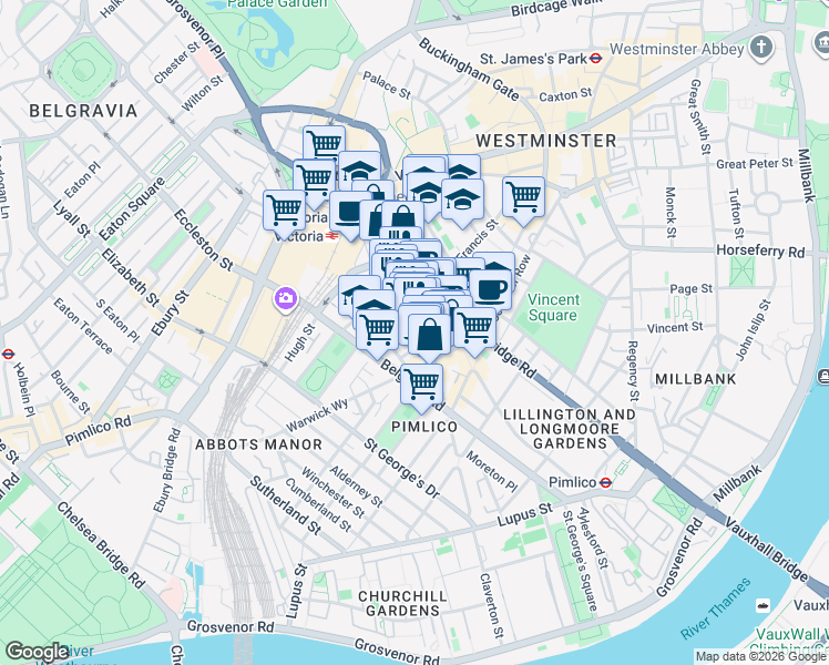 map of restaurants, bars, coffee shops, grocery stores, and more near Wilton Road in Greater London