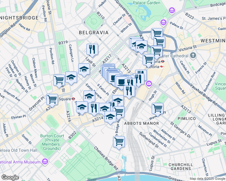 map of restaurants, bars, coffee shops, grocery stores, and more near Ebury Street in Greater London