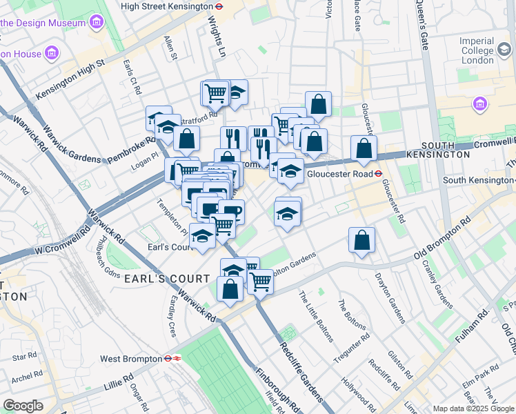 map of restaurants, bars, coffee shops, grocery stores, and more near 25 Courtfield Gardens in London
