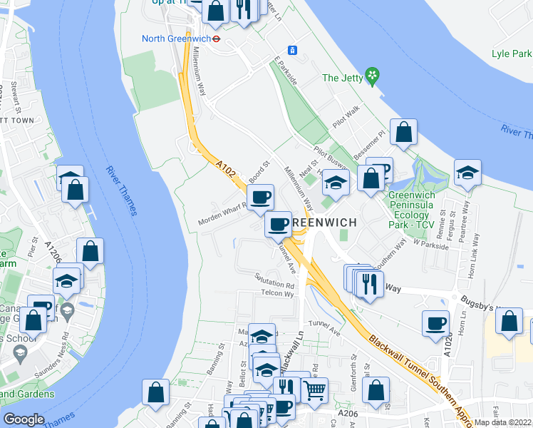 map of restaurants, bars, coffee shops, grocery stores, and more near A102 in London
