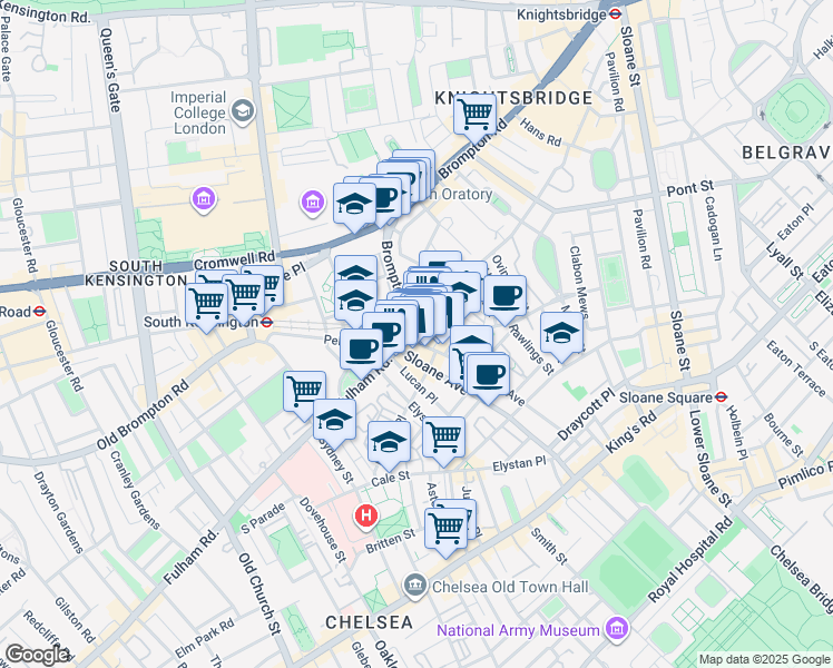 map of restaurants, bars, coffee shops, grocery stores, and more near 200 Walton Street in Greater London
