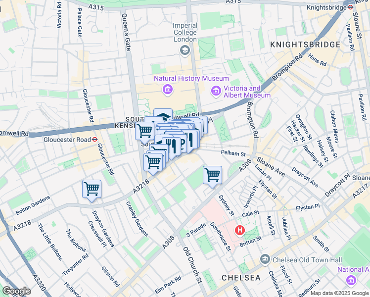 map of restaurants, bars, coffee shops, grocery stores, and more near 12 Old Brompton Road in Greater London