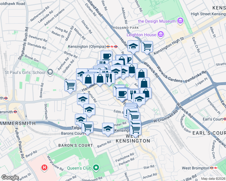 map of restaurants, bars, coffee shops, grocery stores, and more near North End Road in Greater London