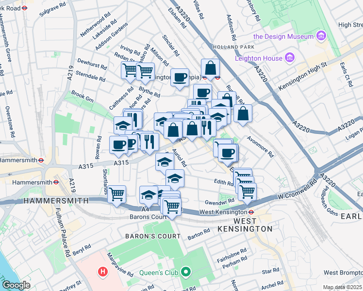 map of restaurants, bars, coffee shops, grocery stores, and more near 2 Munden Street in Greater London