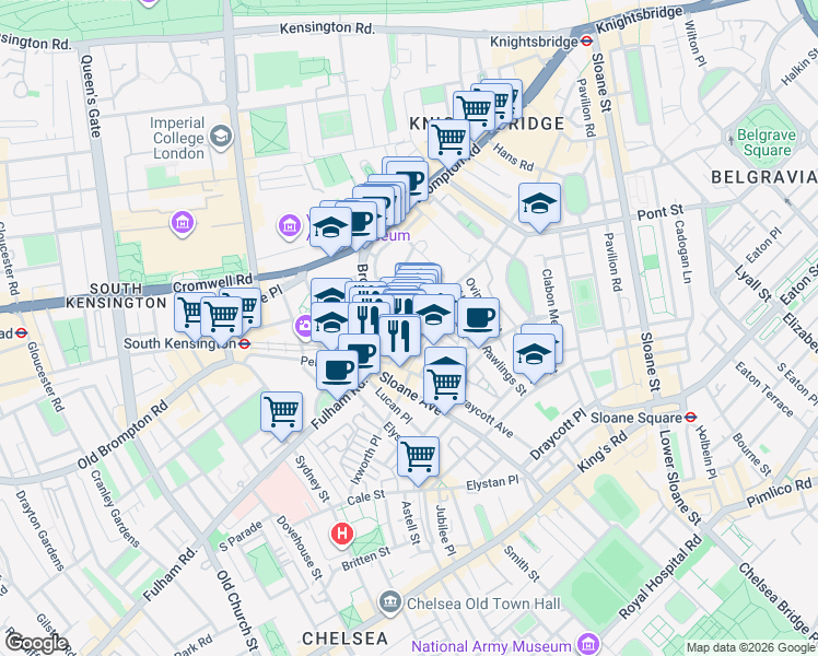 map of restaurants, bars, coffee shops, grocery stores, and more near 158 Walton Street in Greater London