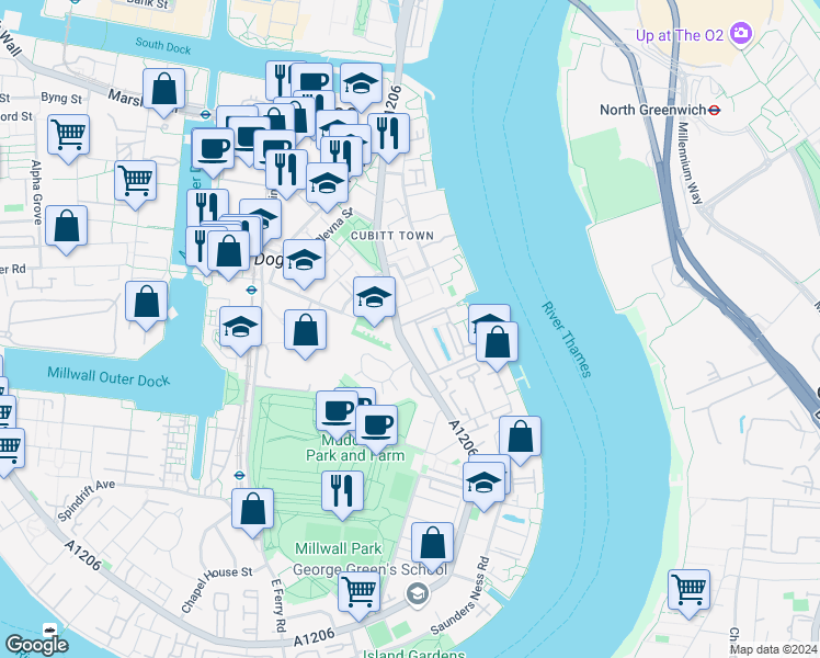 map of restaurants, bars, coffee shops, grocery stores, and more near in Greater London