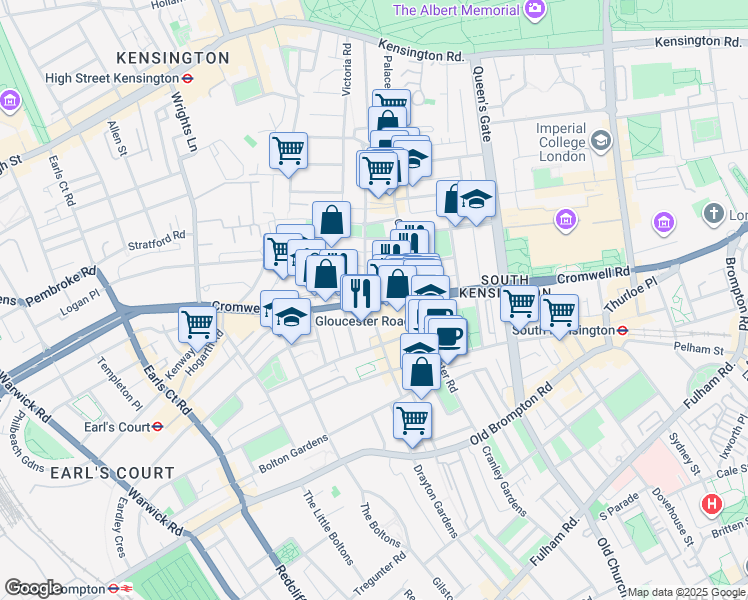 map of restaurants, bars, coffee shops, grocery stores, and more near Cromwell Road in Greater London