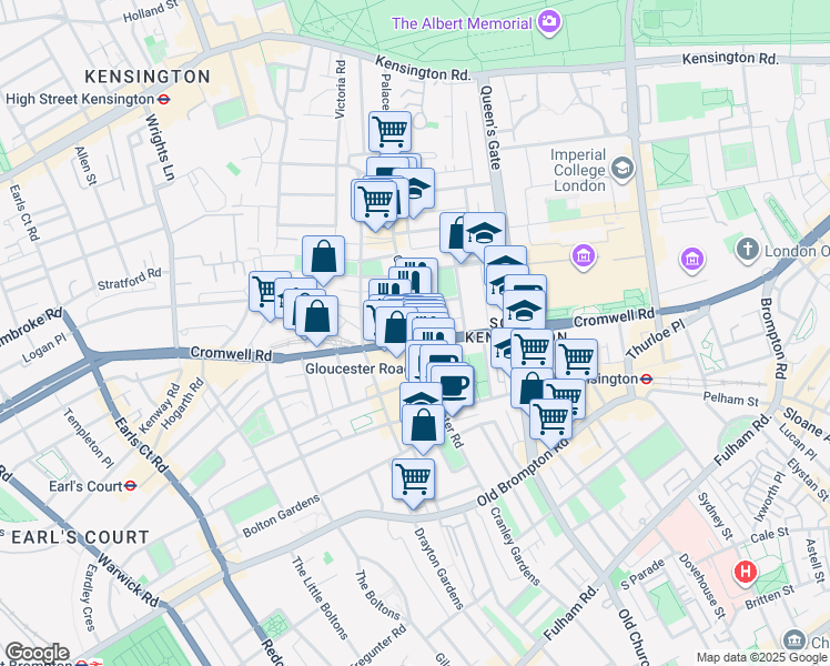 map of restaurants, bars, coffee shops, grocery stores, and more near Gloucester Road in Greater London