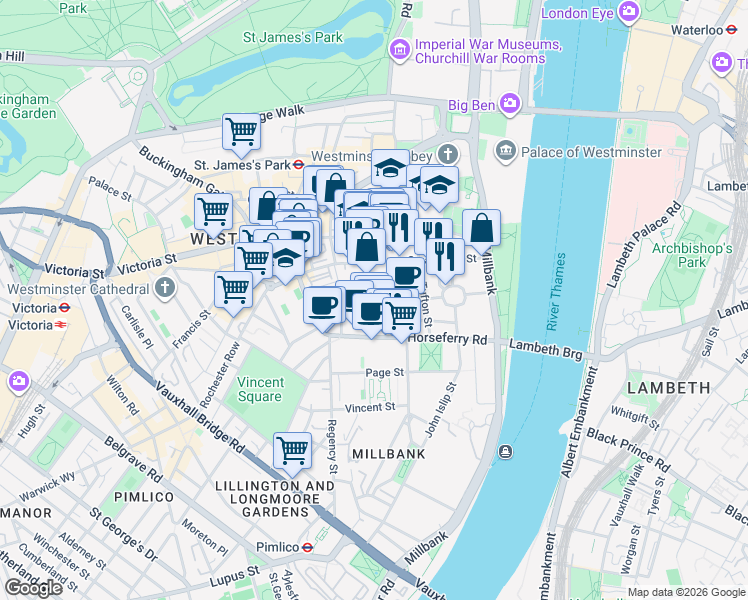 map of restaurants, bars, coffee shops, grocery stores, and more near 27 Monck Street in Greater London