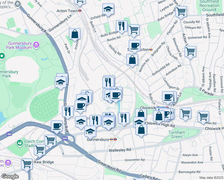 map of restaurants, bars, coffee shops, grocery stores, and more near Chiswick High Road in Greater London