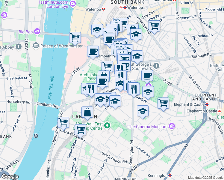 map of restaurants, bars, coffee shops, grocery stores, and more near 27 Lambeth Road in Greater London