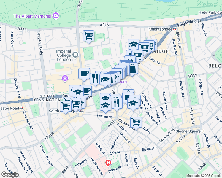 map of restaurants, bars, coffee shops, grocery stores, and more near Brompton Road in London