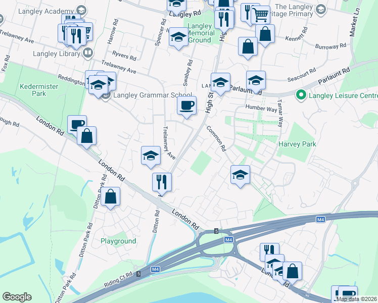map of restaurants, bars, coffee shops, grocery stores, and more near 114 High Street Langley in Slough
