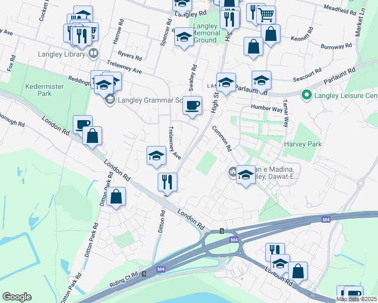 map of restaurants, bars, coffee shops, grocery stores, and more near 94 High Street Langley in Slough
