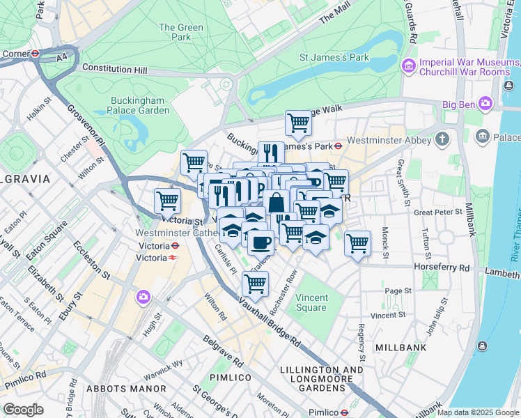 map of restaurants, bars, coffee shops, grocery stores, and more near Victoria Street in Greater London