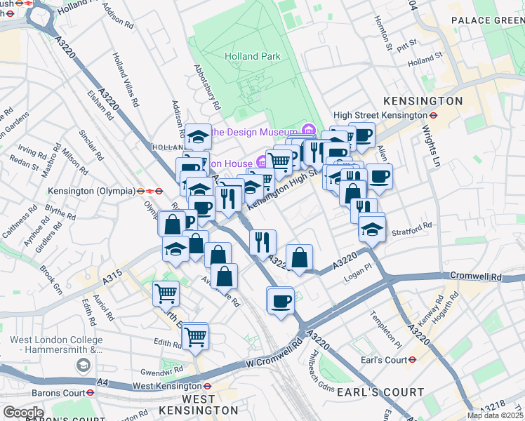 map of restaurants, bars, coffee shops, grocery stores, and more near 1 Saint Mary Abbot's Place in Greater London