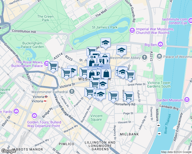 map of restaurants, bars, coffee shops, grocery stores, and more near 56 Palmer Street in Greater London