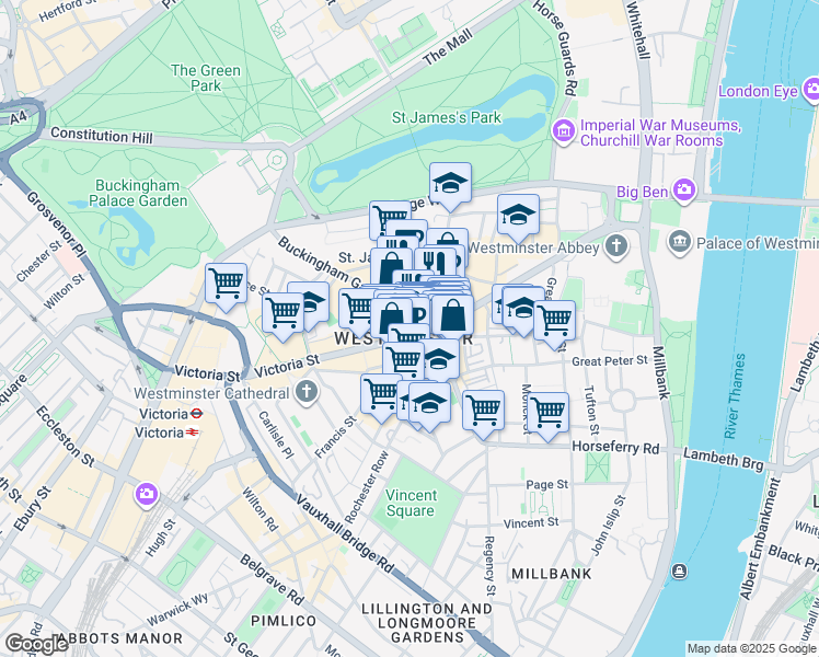 map of restaurants, bars, coffee shops, grocery stores, and more near 56 Palmer Street in Greater London