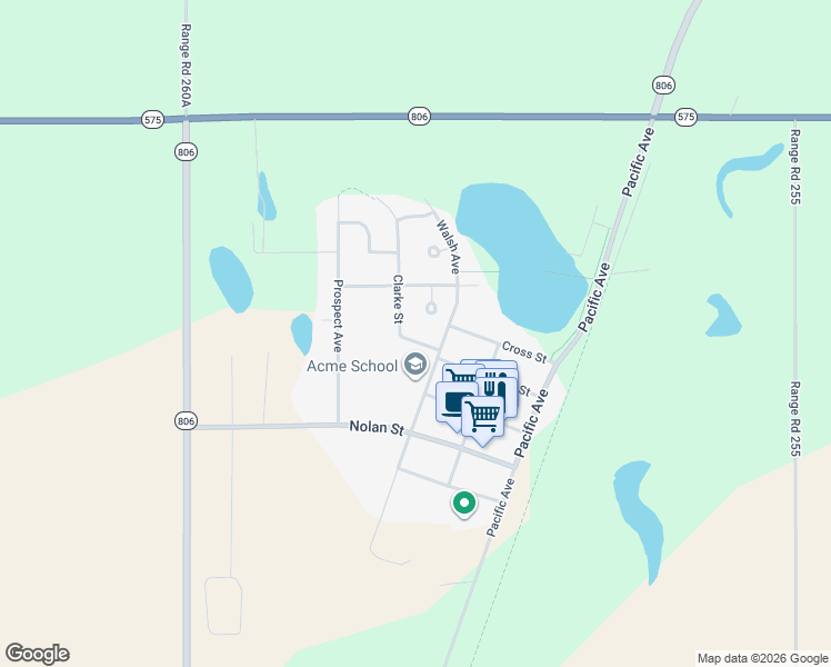 map of restaurants, bars, coffee shops, grocery stores, and more near 318 Clarke Street in Acme