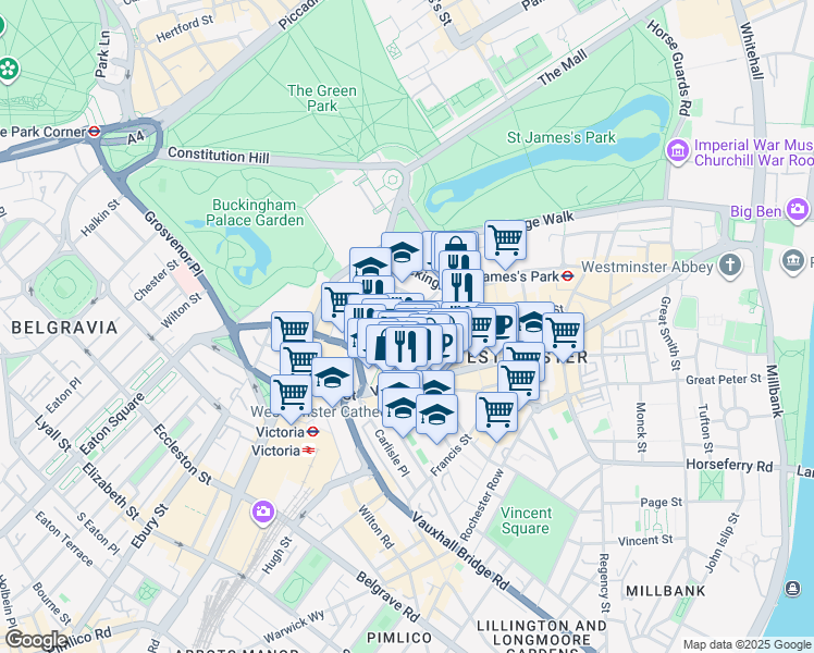 map of restaurants, bars, coffee shops, grocery stores, and more near 45 Palace Street in Greater London