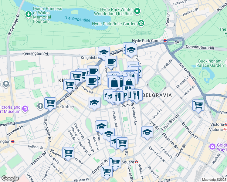 map of restaurants, bars, coffee shops, grocery stores, and more near 43-45 Sloane Street in Greater London